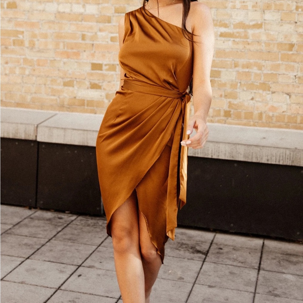 One Shoulder Bronze Midi Dress